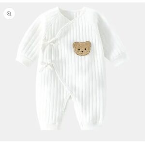 Berins Kids Romper‎ Baby 1-3M White Ribbed Kimono Teddy Bear Patch Side Tie Snap